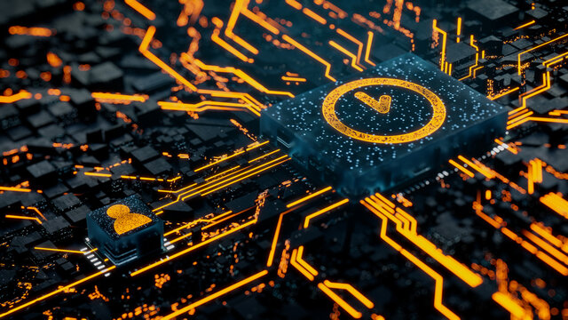 Time Technology Concept with clock symbol on a Microchip. Orange Neon Data flows between the CPU and the User across a Futuristic Motherboard. 3D render.