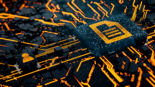 Word document Technology Concept with document symbol on a Microchip. Orange Neon Data flows between the CPU and the User across a Futuristic Motherboard. 3D render.
