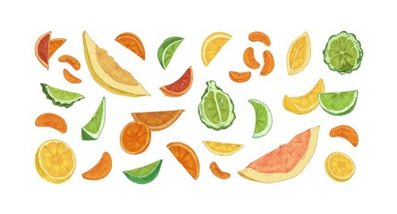 Set of different citrus fruits isolated on white background. Hand-drawn slices, segments and pieces of orange, lemon, bergamot, lime, grapefruit, pomelo and tangerine. Colored vector illustration