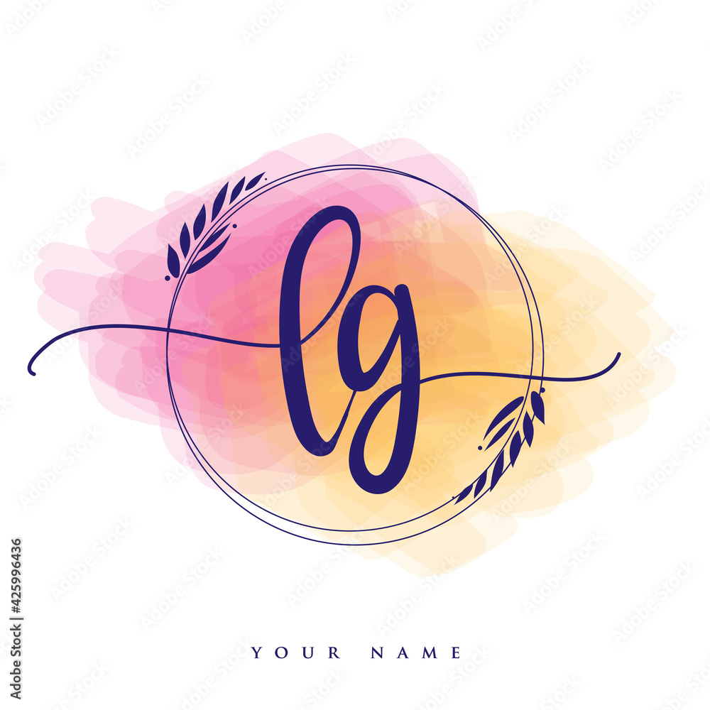 Wall mural LG Initial handwriting logo. Hand lettering Initials logo branding, Feminine and luxury logo design isolated on colorful watercolor background.