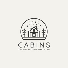 winter hotel cabin minimalist line art badge logo template vector illustration design. simple minimalist cottage, lodge, housing emblem logo icon concept