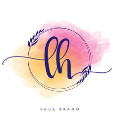 LH Initial handwriting logo. Hand lettering Initials logo branding, Feminine and luxury logo design isolated on colorful watercolor background.