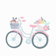 Fototapeta na wymiar Bicycle with a basket and flowers carries a parcel. Pastel shades. Elements for the design of textiles, cards, t-shirts.