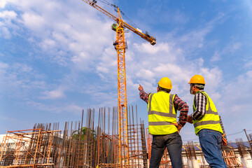Construction engineers and  architect supervising progress of building construction project stand...