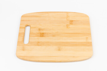 Top view high quality wood cutting board, brown wood. Chopping boards made from natural bamboo. Isolated image kitchen utensil on white background.