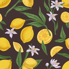 Seamless citric pattern with fruits, leaves and branches of blooming lemon tree on dark background. Endless hand-drawn texture in vintage style. Colored vector illustration for printing