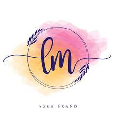 LM Initial handwriting logo. Hand lettering Initials logo branding, Feminine and luxury logo design isolated on colorful watercolor background.