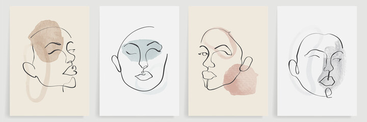 Surreal faces abstract art background vector. Portrait abstract face one line drawing with modern continuous line art and abstract geometric art style. Good for poster, wall art, print, cover design.