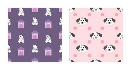 Set Character Seamless Pattern Animal Of Cute Dalmatian Dog Can Be Used as Designs Wallpapers or Backgrounds. Vector Illustration