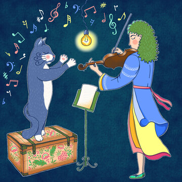 Woman plays violin. Cat conducts. Cartoon picture of a cat and a girl. Young woman with green hair color. Raster illustration