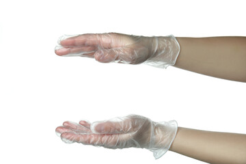 Female hands in disposable gloves hold something, isolated on white background