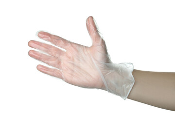 Female hand in disposable glove isolated on white background