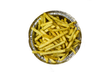Snack fried potatoes in an aluminum cup on the white background