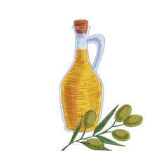 Composition of transparent glass pitcher full of fresh extra virgin olive oil and tree branch with fruits. Corked jug isolated on white. Colored realistic hand-drawn vector illustration