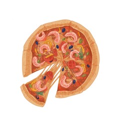 Top view of full spicy shrimp pizza with thick crust and segment with melting cheese. Hand-drawn Italian food with olives and tomatoes. Vector illustration isolated on white background