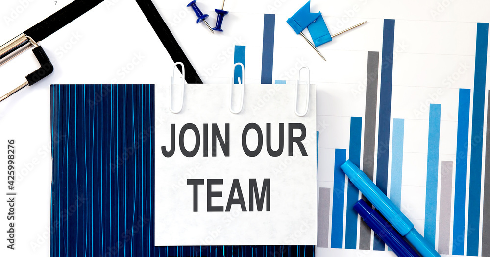 Poster notebook with toolls and notes about join our team on sticker ,concept