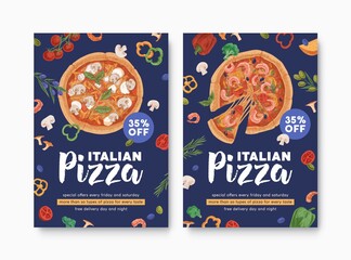 Templates of ad flyers with realistic pizzas for pizzeria, Italian food restaurant or cafe. Design of vertical promo banners for printing. Colored hand-drawn vector illustration for promotion