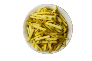 Snack fried potatoes in a white bowl on the white background