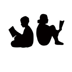 a boy and a girl reading book, silhouette vector