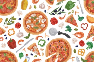 Cotton fabric Seamless pattern with Italian pizza slices, ingredients and kitchen tools on white background. Hand-drawn endless design of repeatable texture for pizzeria. Colored vector illustration for printing