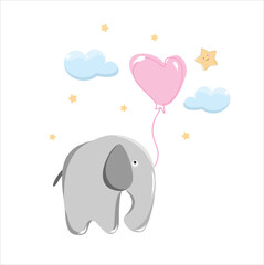 elephant, balloon, balls, clouds, animals, africa, sad elephant, stars, cloud, baby, sky, background, banner, fabric, space, star, cute, mimi, smile, funny, cute, baby, for kids, wallpaper