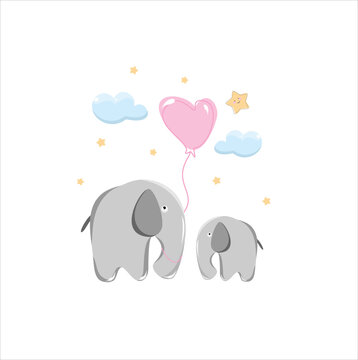elephant, baby, mom and baby, balloon, balloons, clouds, animals, africa, sad elephant, stars, cloud, baby, sky, background, banner, fabric, space, star, cute, mimi, smile, funny, cute, baby, for kids