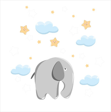 elephant, clouds, animals, africa, sad elephant, stars, cloud, baby, sky, background, banner, fabric, space, star, cute, mimi, smile, funny, cute, baby, for kids, wallpaper © myzetta