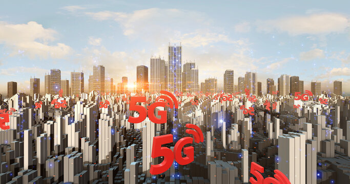5G Symbols Flying Over The Metropolitan Smart City Aerial. Technology And Telecommunication Related 3D Illustration Render