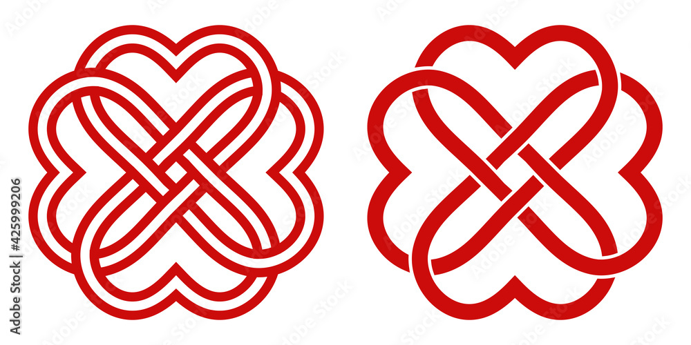 Poster celtic knot of red hearts in the shape of a flower, vector knot hearts symbol endless love mutual un