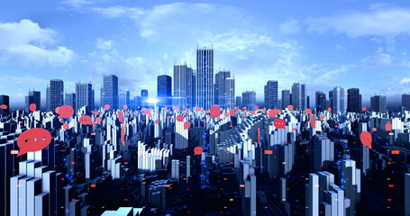 Obraz premium Chat Speaking Signs Flying Over The Smart City Aerial. Social Media. Technology And Social Media Related 3D Illustration Render