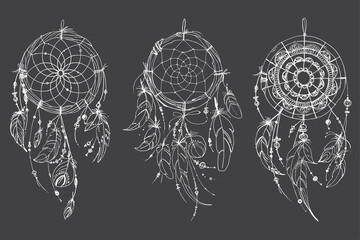 Dreamcatcher hippie decoration tattoo vector line. Boho style, beads and feathers. - obrazy, fototapety, plakaty