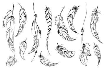Dreamcatcher hippie decoration tattoo vector line. Boho style, beads and feathers.