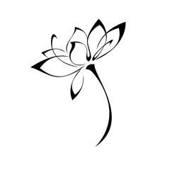 one stylized blooming flower on a short stalk without leaves in black lines on a white background