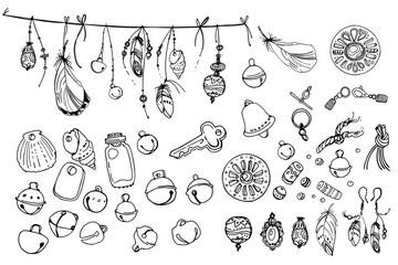 Dreamcatcher hippie decoration tattoo vector line. Boho style, beads and feathers.