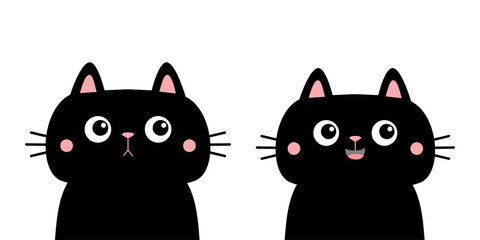 Cat set. Black kitten kitty silhouette icon. Cute kawaii cartoon character. Sad happy face. Happy Valentines Day. Baby greeting card tshirt notebook cover print. White background. Flat design.