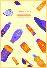 Sun Protection Tubes,Bottles of Sunscreen Products Sunblock.Skin Care Cosmetics.Sunglasses,Hat.Cosmetic cream tube.Cosmetics brand.Advertising banner,Sale poster.Flat view from top.Vector illustration