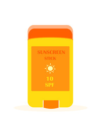 Orange Package of Sun Care Stick. Calming Moisturizing Sunscreen Product and Sunblock. Healthy Tanning, Sunbathing.Anti-UV Cream,Lotion. Colored flat vector illustration isolated on white background