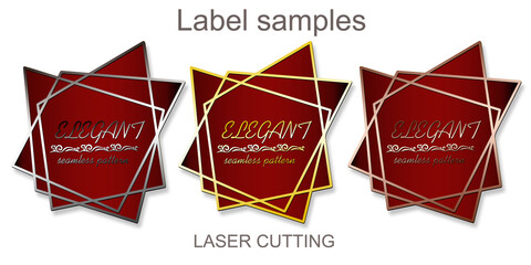 A set of labels for vintage patterns. Geometric shapes framed by multicolored contour lines. White background, close-up. Material for laser cutting or printing.