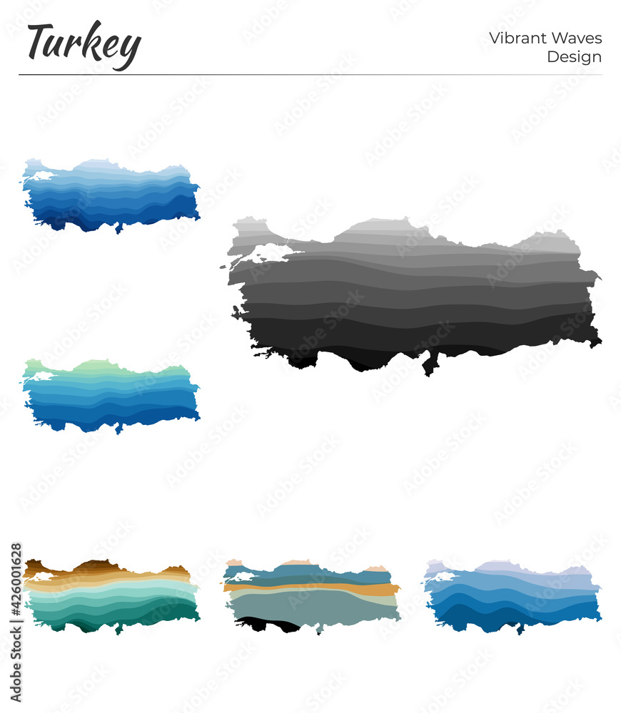 Poster set of vector maps of turkey. vibrant waves design. bright map of country in geometric smooth curves