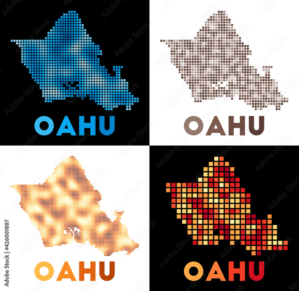Poster oahu map. collection of maps of oahu in dotted style. borders of the island filled with rectangles f