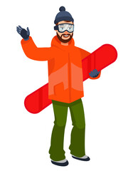 Snowboarder waving hand. Male person in cartoon style.