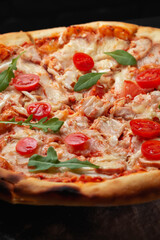 Cooking pizza. Ingredients and spices for making homemade pizza. Top view with copy space. Pizza on table composition.