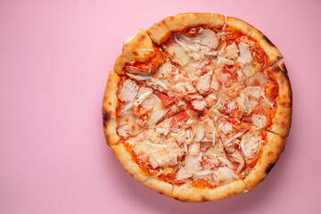 Classic Italian pizza on pink background, text space, Valentine's Day concept