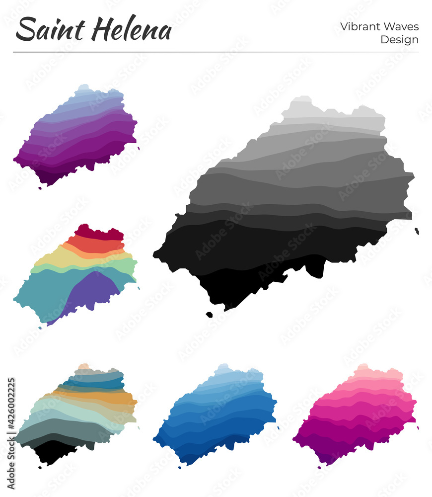 Poster set of vector maps of saint helena. vibrant waves design. bright map of island in geometric smooth c