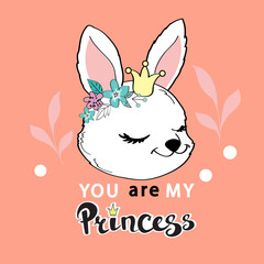Cute cartoon summer rabbit and the inscription you are my princess. Birthday card. Vector illustration
