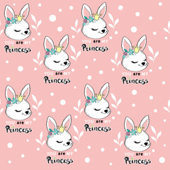 Cute cartoon summer rabbit and the inscription you are my princess seamless pattern. Birthday and Happy Easter. Vector illustration