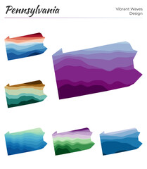 Set of vector maps of Pennsylvania. Vibrant waves design. Bright map of us state in geometric smooth curves style. Multicolored Pennsylvania map for your design. Amazing vector illustration.
