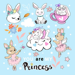 Cute cartoon summer rabbits collection and the inscription you are my princess. Birthday card. Vector illustration design for baby room and baby t-shirts