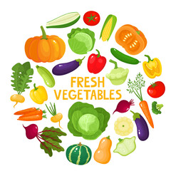 Colorful cartoon vegetables icons in round isolated on white