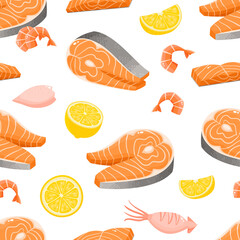 Bright vector seamless pattern with seafood isolated on white.